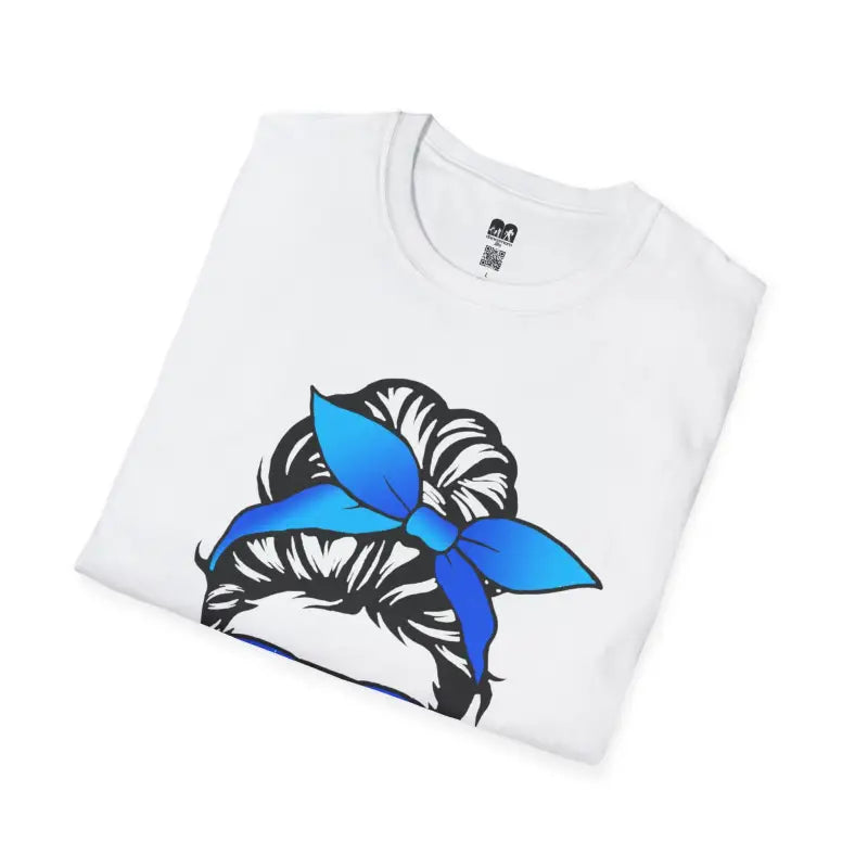 White t-shirt with a black and blue bow hair design graphic print.