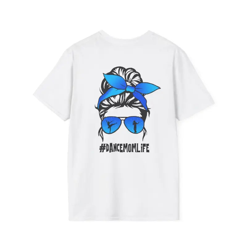 White t-shirt featuring a cartoon illustration of sunglasses and headband with ’#DANCEMOMLIFE’ text.