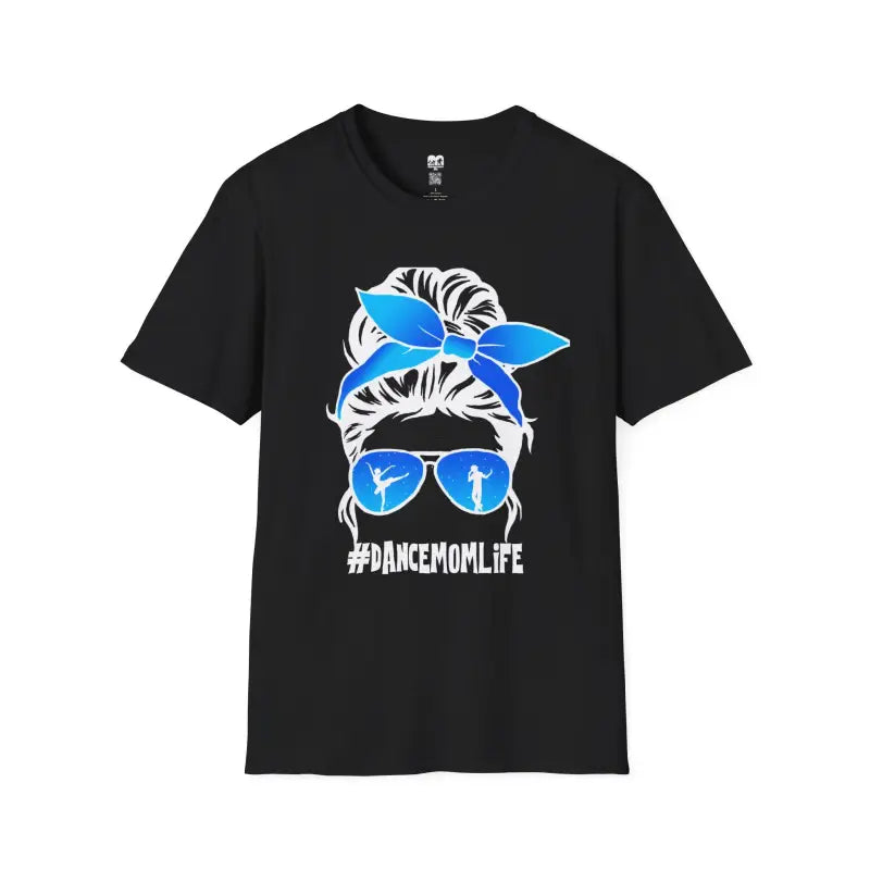 Black t-shirt featuring a white messy bun hairstyle graphic with blue bandana and sunglasses, with ’#DANCEMOMLIFE’ text below.