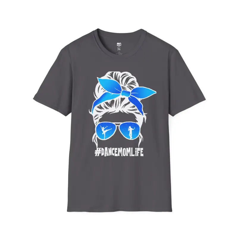 Dark gray t-shirt featuring a messy bun hairstyle graphic with blue bandana and sunglasses, with ’#DANCEMOMLIFE’ text below.