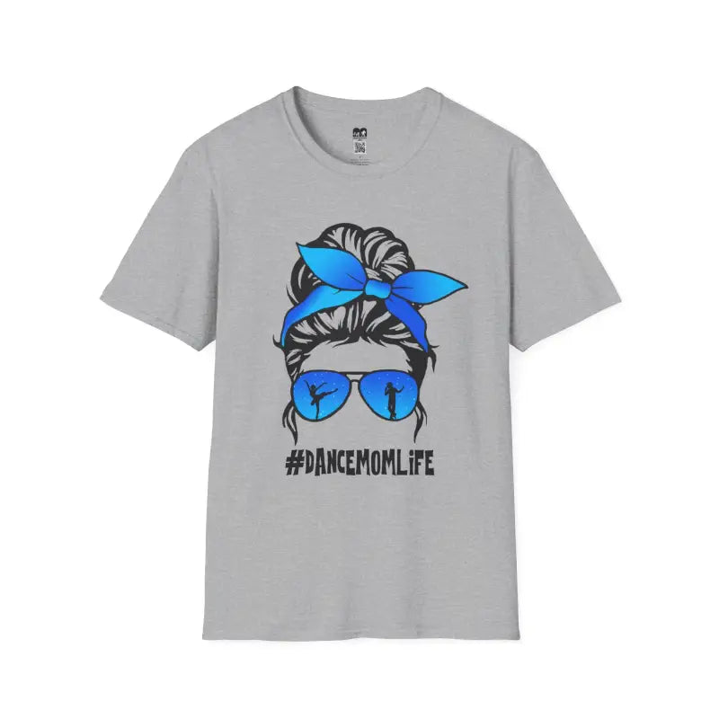 Grey t-shirt featuring a messy bun hairstyle with blue bandana and sunglasses graphic, with ’#DANCEMOMLIFE’ text below.