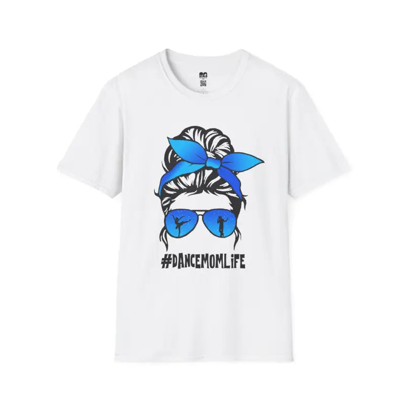 White t-shirt featuring a messy bun hairstyle with blue bandana and sunglasses graphic, with ’#DANCEMOMLIFE’ text below.