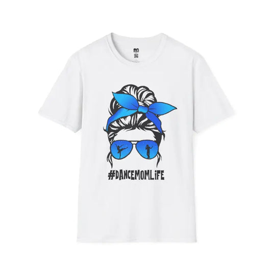 White t-shirt featuring a messy bun hairstyle with blue bandana and sunglasses graphic, with ’#DANCEMOMLIFE’ text below.