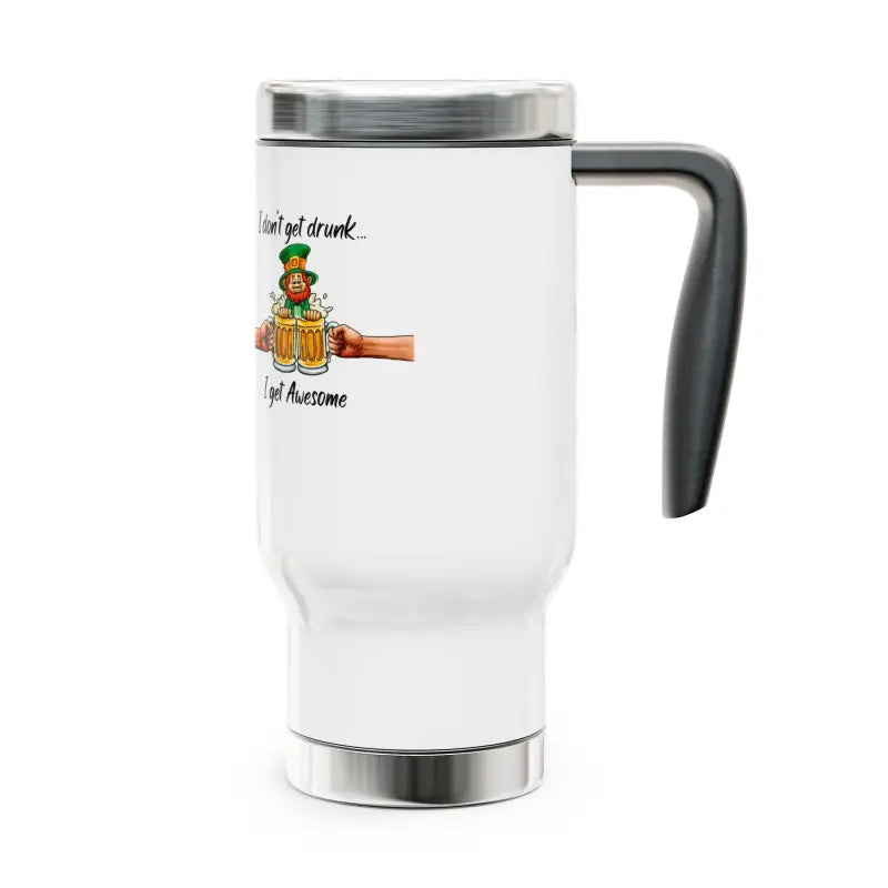 White travel mug with a black handle and a leprechaun design printed on it.