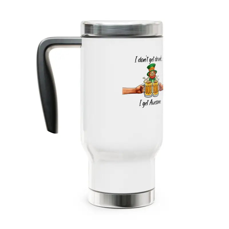 White travel mug with a leprechaun design and text printed on it.