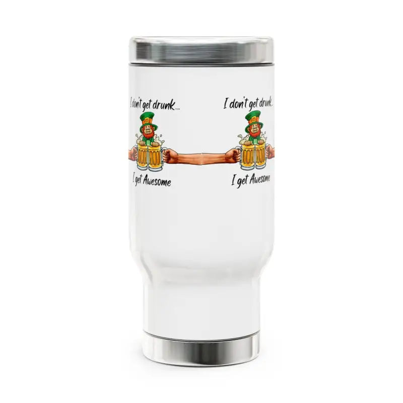 White insulated travel tumbler with St. Patrick’s Day themed graphics and text.