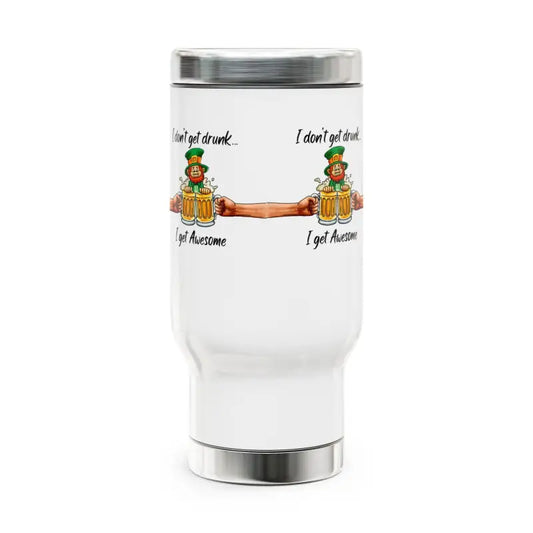 White insulated travel tumbler with St. Patrick’s Day themed graphics and text.