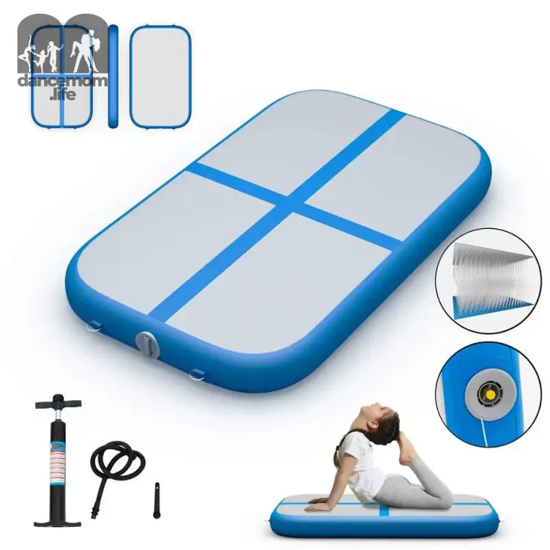 Blue and white inflatable gymnastics mat.