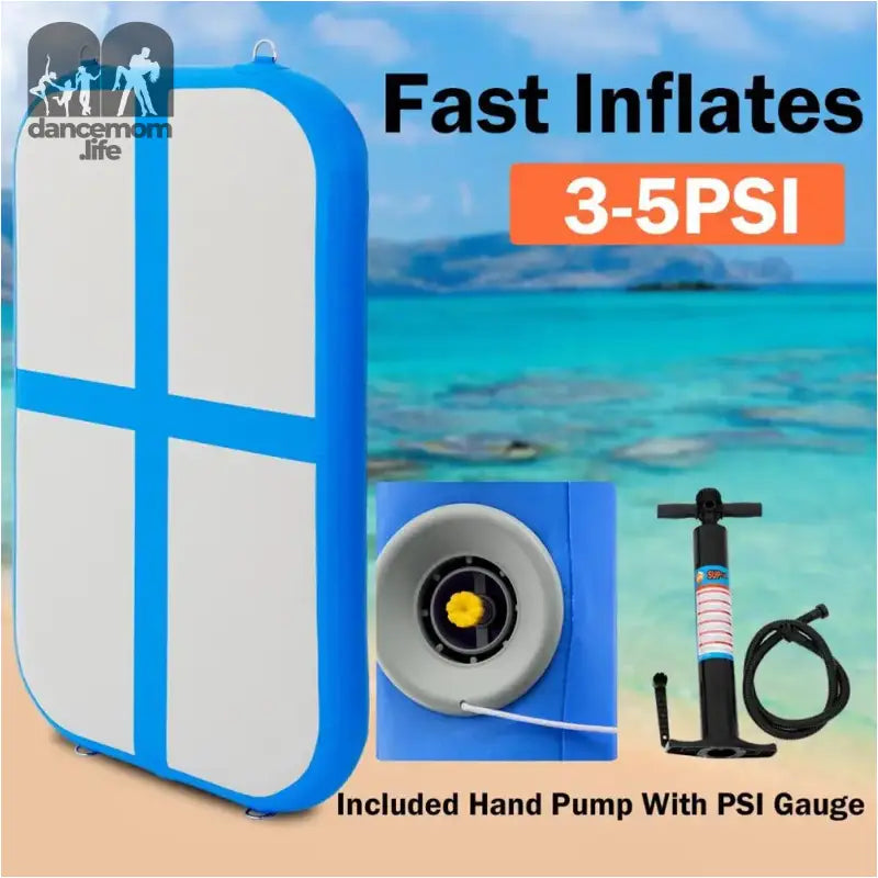 Inflatable blue and white mat with pump.
