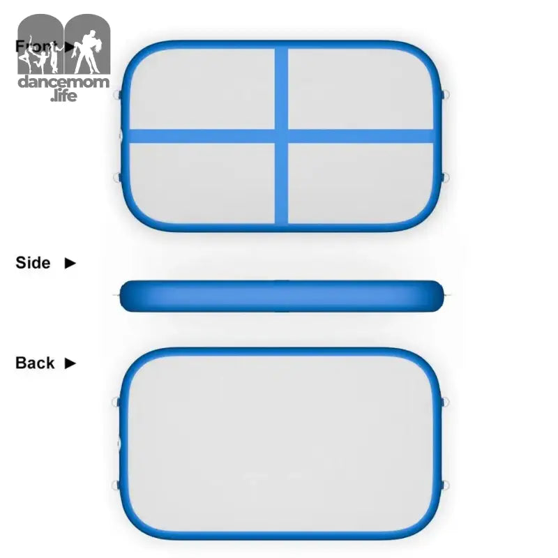 Blue and white inflatable gymnastics mat.