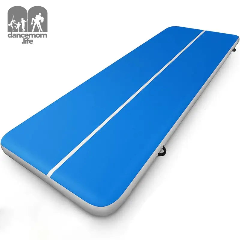 Blue inflatable gymnastics mat.