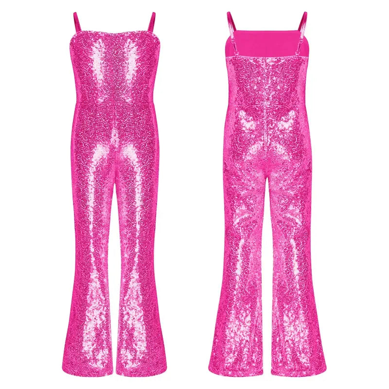 Hot pink sequined jumpsuit with flared legs and spaghetti straps.