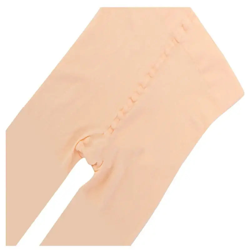 Beige or nude-colored tights with seams.