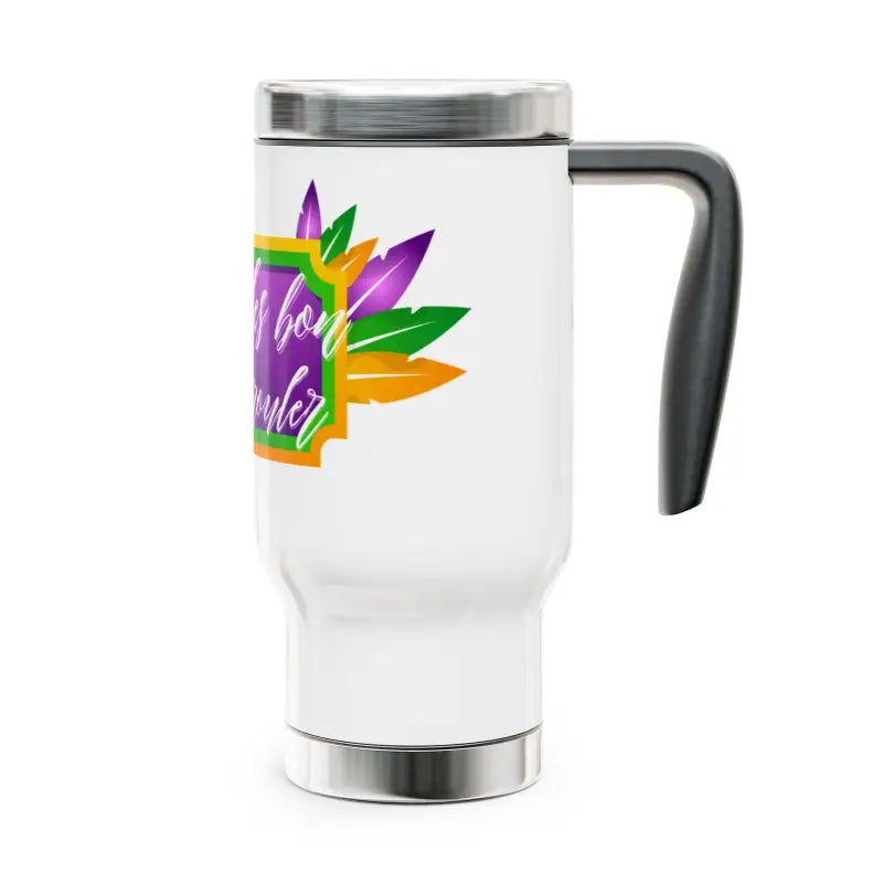 White travel mug with a colorful leaf-like design featuring purple, green, and orange elements.