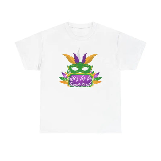 White t-shirt with a colorful Mardi Gras mask and feather design printed on the front.