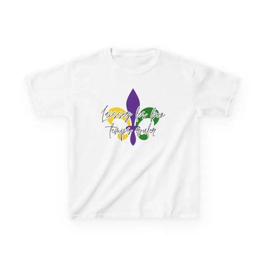 White t-shirt with a purple fleur-de-lis design and yellow-green text.