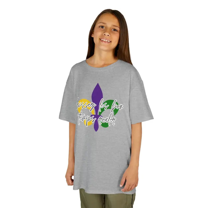 Gray t-shirt with a purple fleur-de-lis design and text.