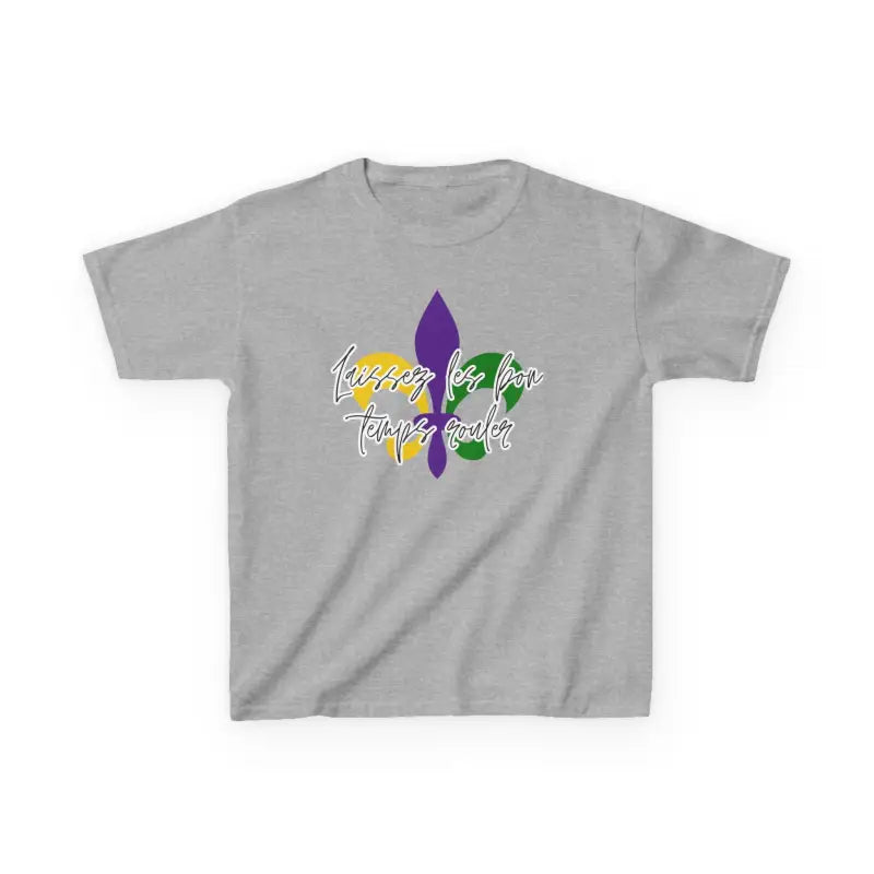 Gray t-shirt with a purple fleur-de-lis and colorful text design.