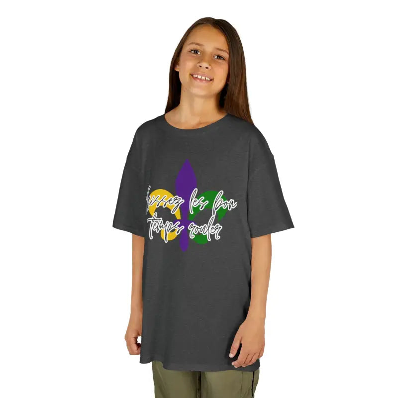 Dark gray t-shirt with colorful text and graphic design.