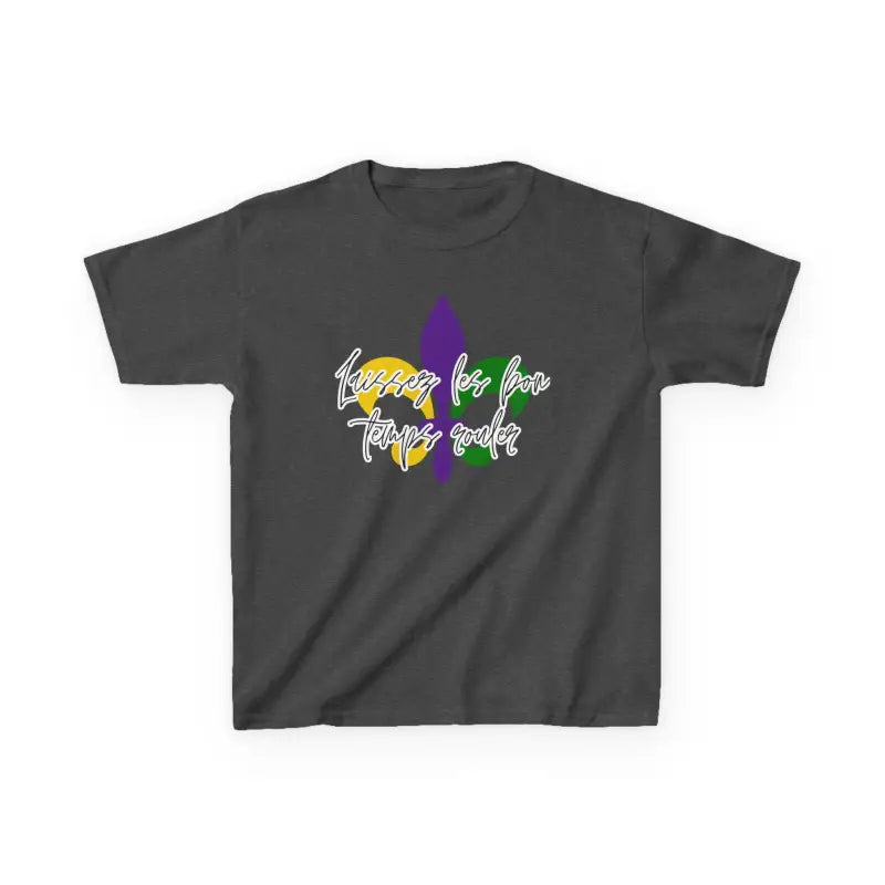 Dark gray t-shirt with colorful text and a purple butterfly design.
