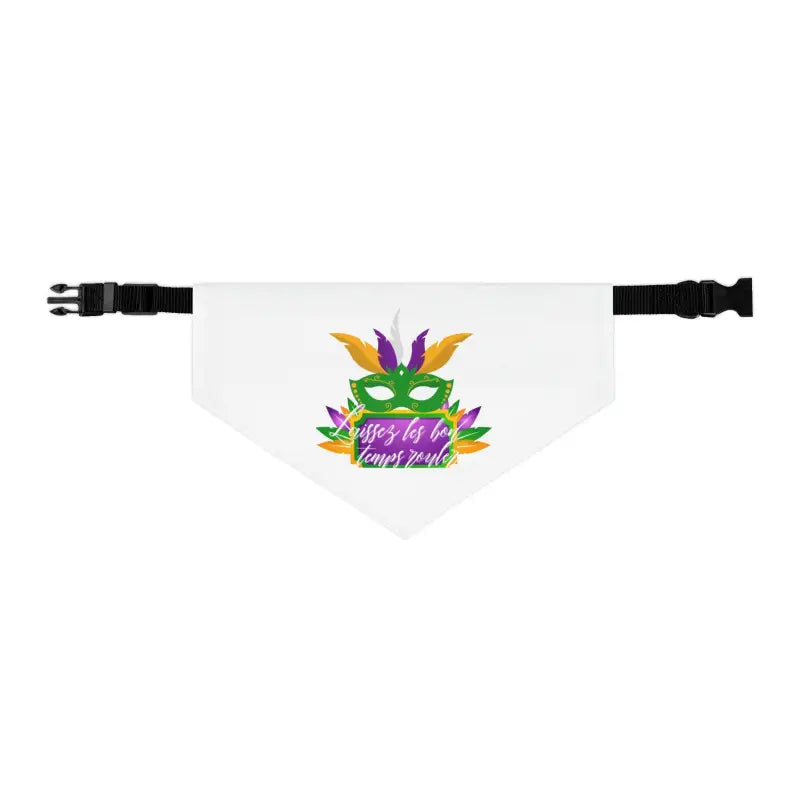 White bandana with colorful Mardi Gras feather design and adjustable black buckle straps.