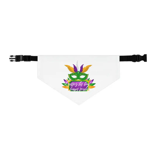 White bandana with colorful Mardi Gras feather design and adjustable black buckle straps.