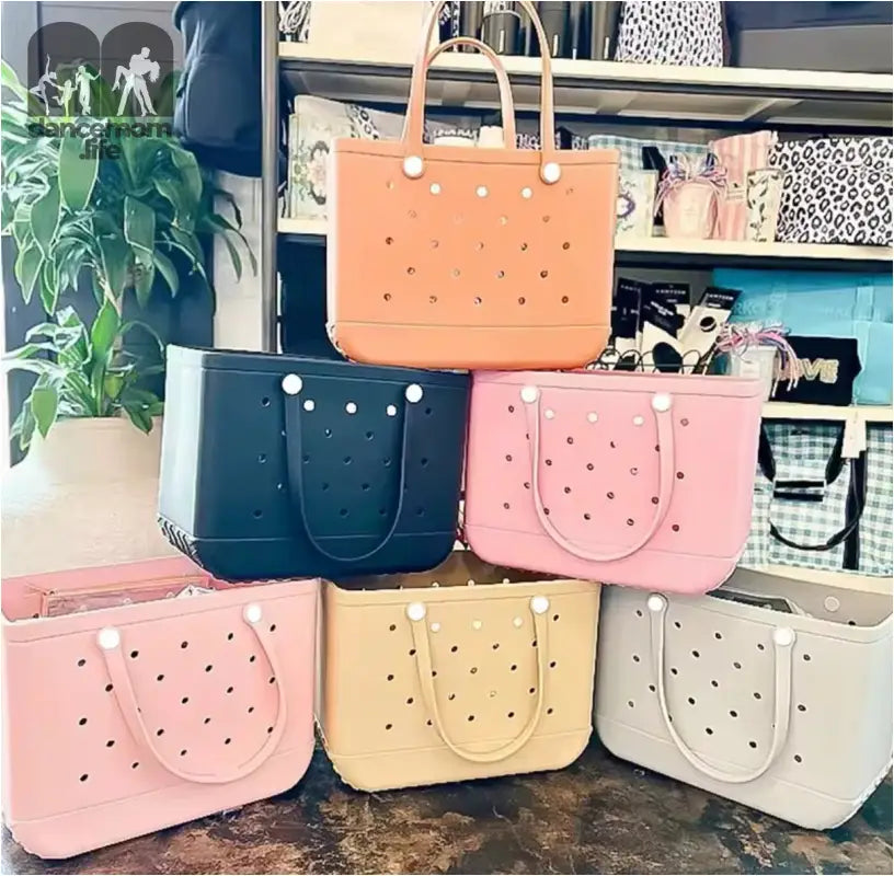 Colorful perforated tote bags.