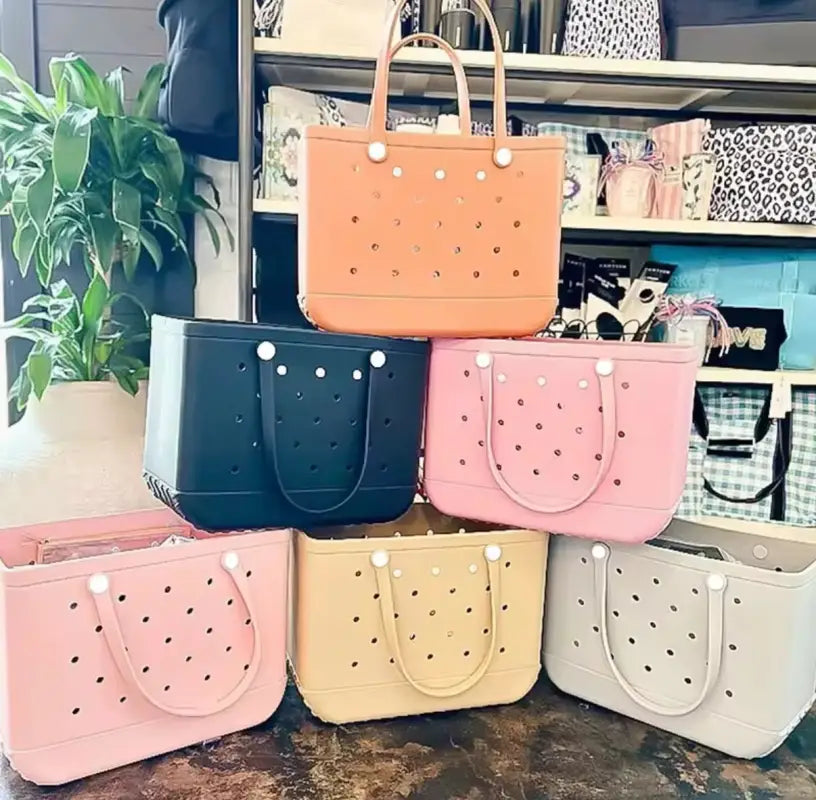 Colorful perforated tote bags.