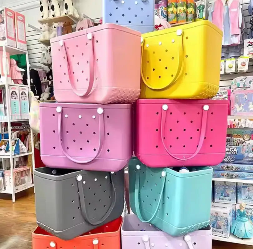 Colorful perforated tote bags.