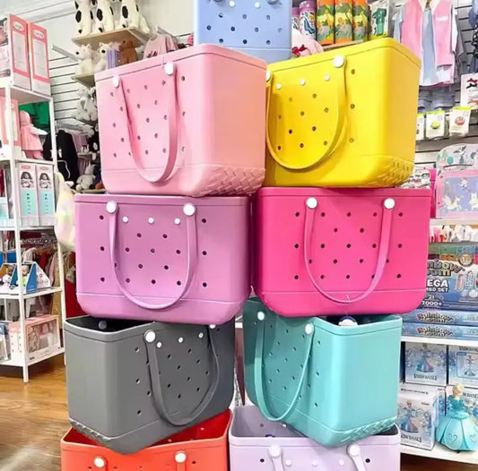 Colorful perforated tote bags.
