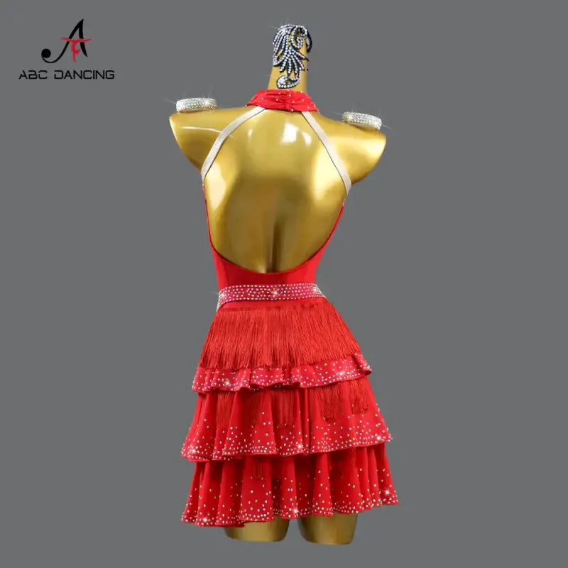 Red fringed dance dress.