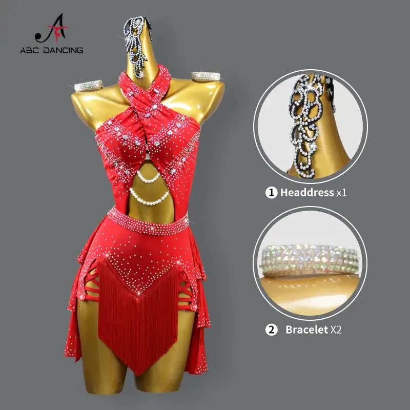 Red rhinestone-studded dance dress.