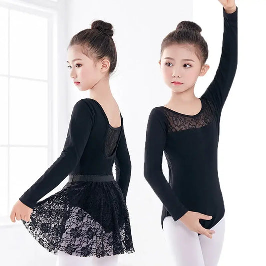 Black ballet leotards with long sleeves, one styled with a lace tutu skirt and one without.