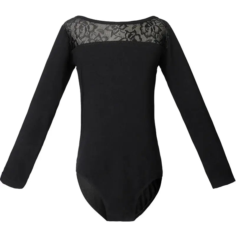 Black long-sleeved leotard with lace neckline detail.