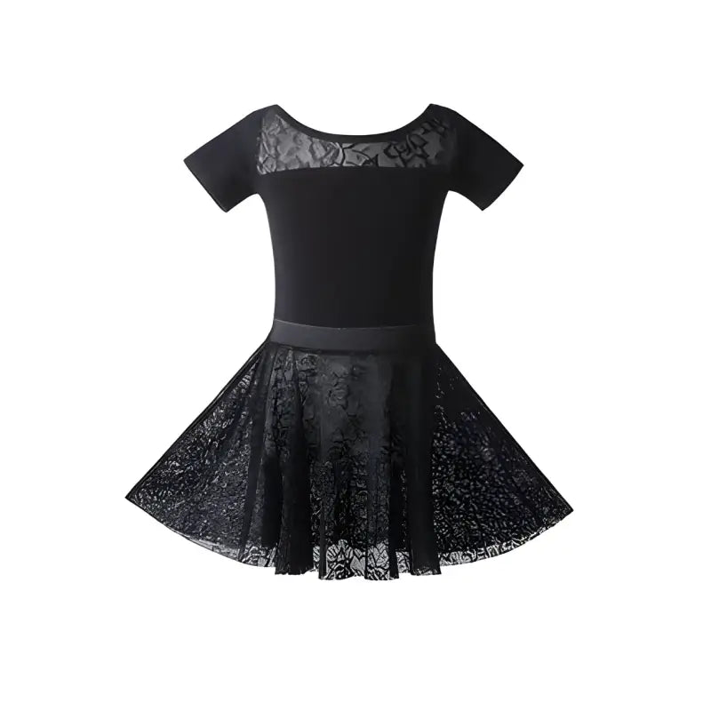Black lace ballet dress with short sleeves and a flared skirt.