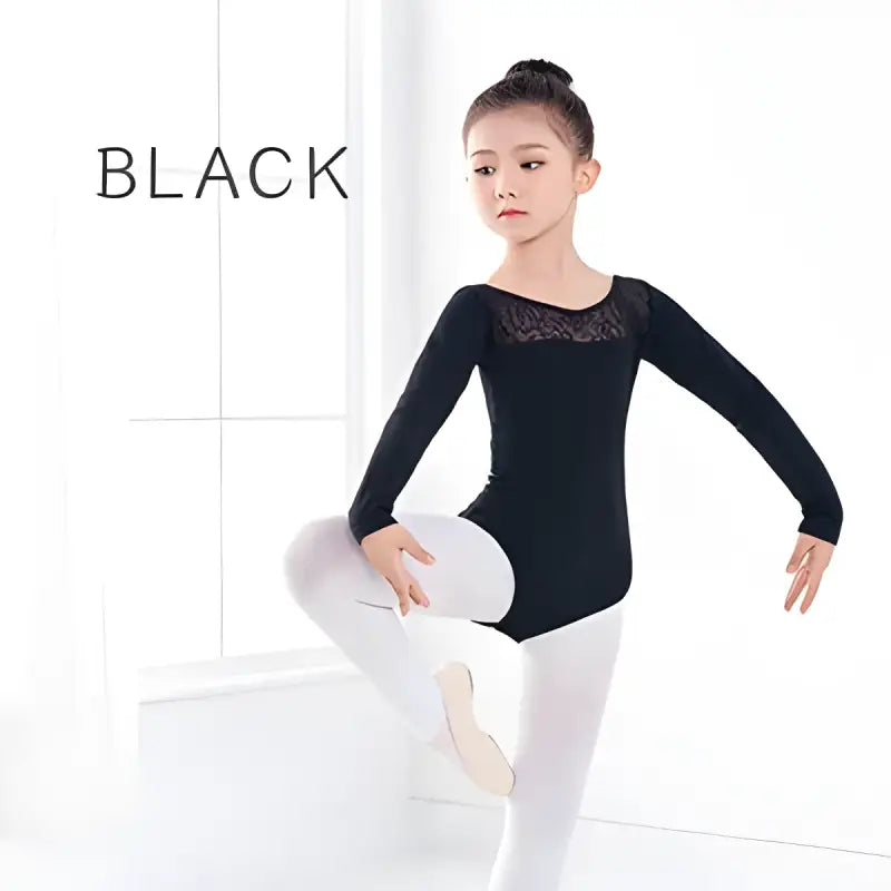 Black long-sleeved ballet leotard with lace neckline detail.