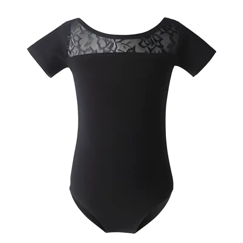 Black short-sleeved leotard with lace detail at the neckline.