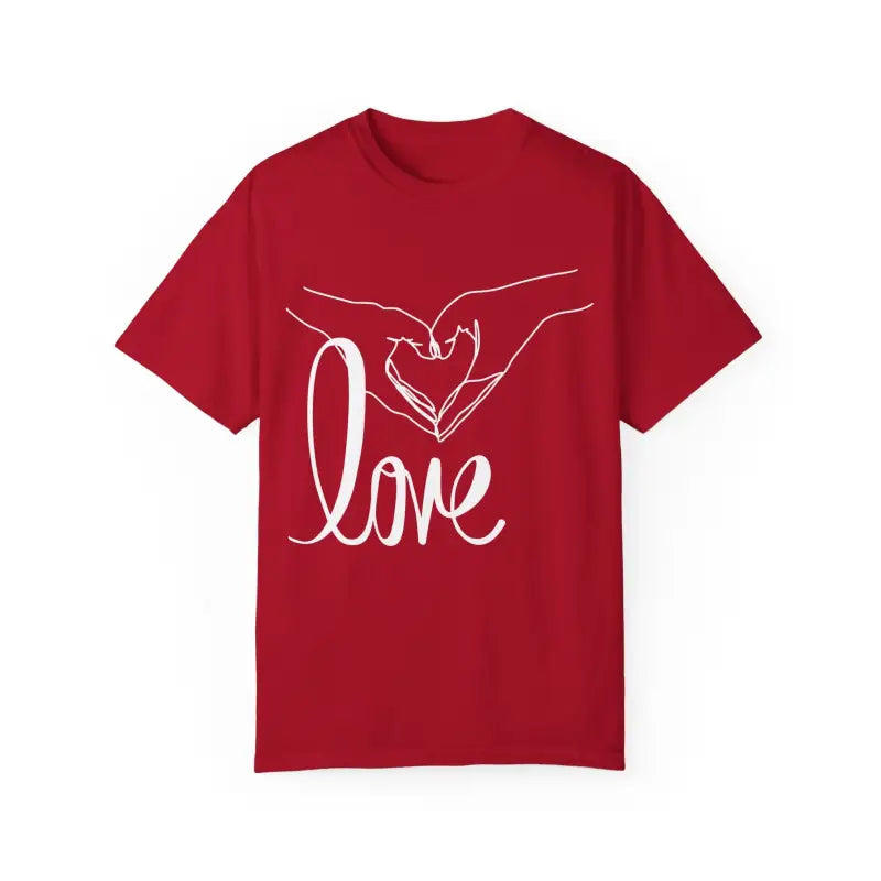Red t-shirt with white hands forming a heart shape and ’love’ text design.