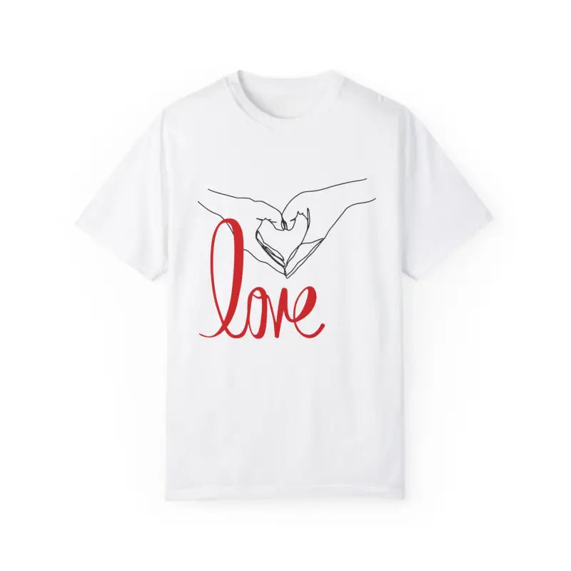 White t-shirt featuring hands forming a heart shape with red ’love’ text below.