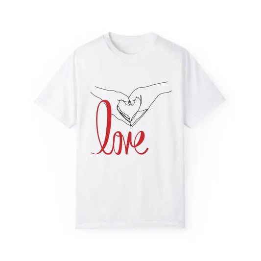 White t-shirt featuring hands forming a heart shape with red ’love’ text below.