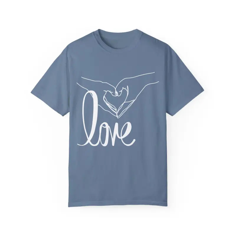 Blue t-shirt with white hand-drawn heart gesture and ’love’ text design.