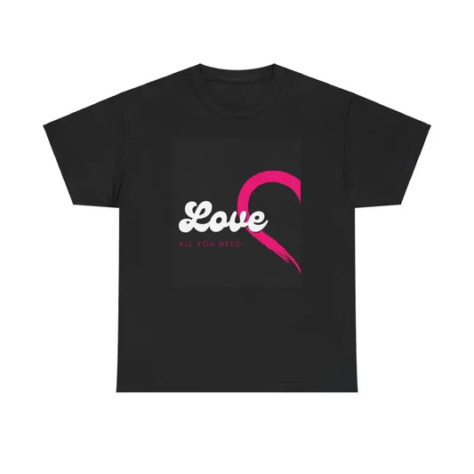 Black t-shirt with ’Love’ text and a pink curved design element.
