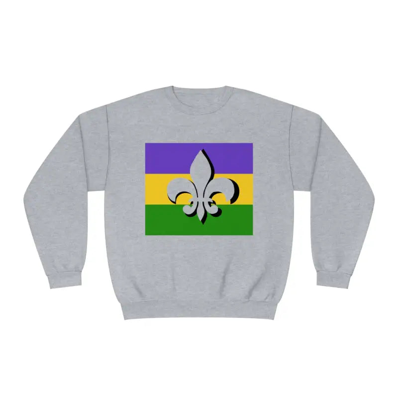 Grey sweatshirt featuring a Mardi Gras flag design with fleur-de-lis symbol.