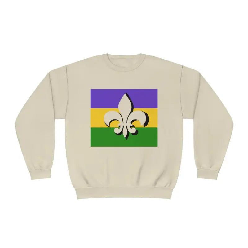 Beige sweatshirt featuring a Mardi Gras flag design with purple, gold, and green stripes and a fleur-de-lis symbol.