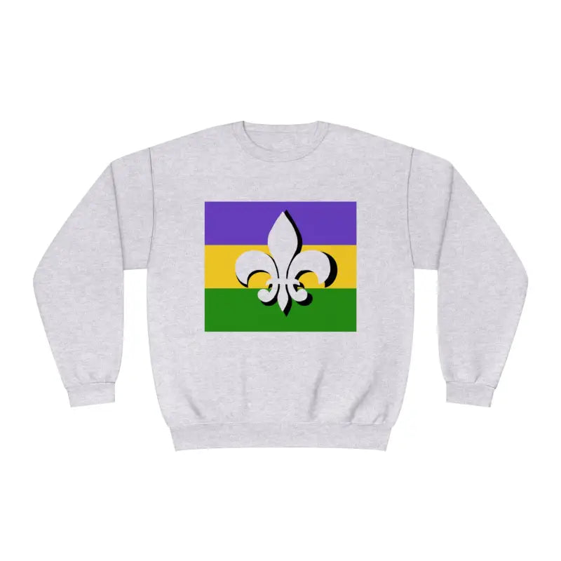 Light gray sweatshirt featuring a Mardi Gras flag design with purple, gold, and green stripes and a white fleur-de-lis symbol.
