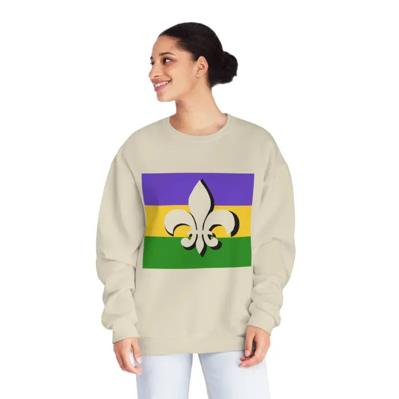 Beige sweatshirt featuring a Mardi Gras flag design with fleur-de-lis symbol.
