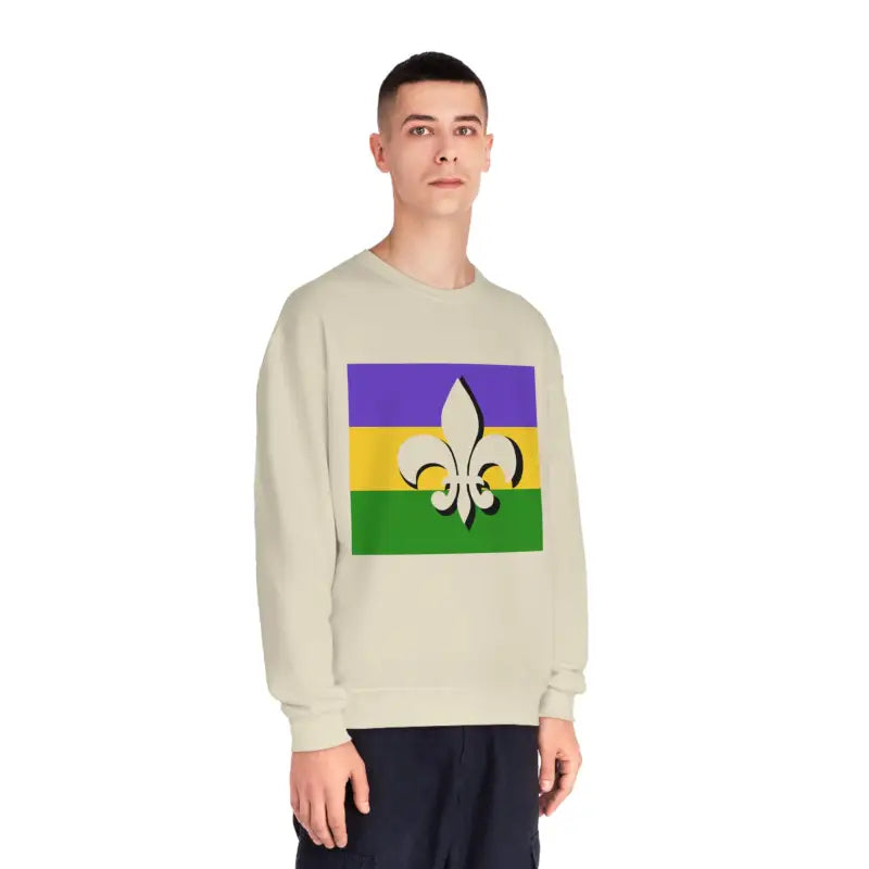 Beige sweatshirt featuring a Mardi Gras flag design with purple, gold, and green stripes and a fleur-de-lis symbol.