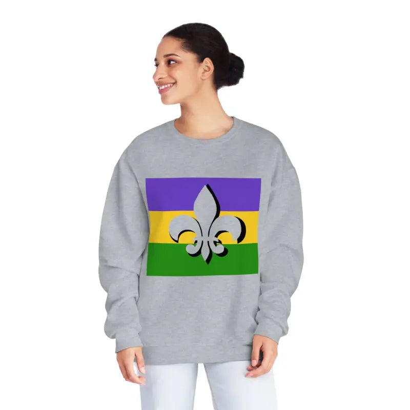 Grey sweatshirt featuring a fleur-de-lis symbol on a purple, gold, and green striped flag design.