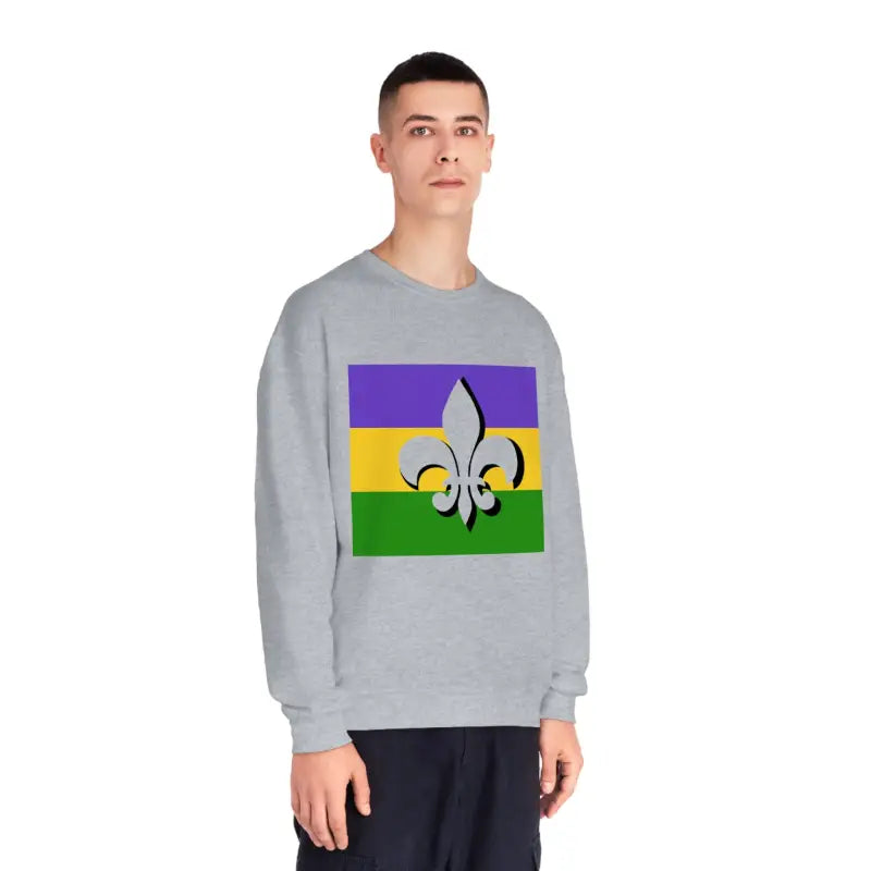 Grey sweatshirt featuring a Mardi Gras flag design with purple, gold and green stripes and a fleur-de-lis symbol.