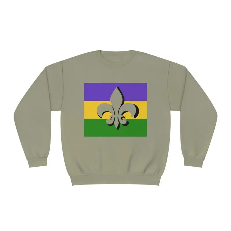 Grey sweatshirt featuring a Mardi Gras flag design with fleur-de-lis symbol.